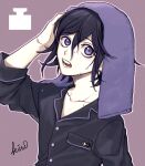  1boy alternate_costume bangs black_hair black_pajamas black_shirt collarbone commentary_request dangan_ronpa_(series) dangan_ronpa_v3:_killing_harmony hair_between_eyes highres long_sleeves looking_at_viewer male_focus multicolored_hair open_mouth ouma_kokichi outline pajamas purple_hair shirt short_hair signature simple_background solo teeth tong_(kiri_v3) towel towel_on_head upper_body violet_eyes wet wet_hair white_outline 