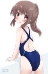  1girl ass blue_swimsuit brown_eyes brown_hair commentary_request competition_swimsuit cowboy_shot from_behind long_hair one-piece_swimsuit original ponytail purapechinu simple_background solo swimsuit white_background 