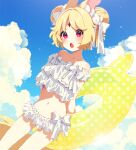  1girl aldin_nicola animal_ear_fluff animal_ears arms_behind_back bangs bare_shoulders bikini blonde_hair blue_sky blush bow clouds collarbone commentary_request day double_bun dutch_angle eyebrows_visible_through_hair forehead_jewel hair_bow highres indie_virtual_youtuber innertube looking_at_viewer mamyouda navel off-shoulder_bikini off_shoulder open_mouth outdoors puffy_short_sleeves puffy_sleeves short_eyebrows short_hair short_sleeves sky solo standing swimsuit thick_eyebrows v-shaped_eyebrows violet_eyes virtual_youtuber white_bikini white_bow 