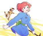  1girl animal arms_at_sides artist_name beige_pants belt blue_tunic breasts brown_eyes brown_hair cartridge earrings eyelashes fanny_pack green_belt happy honoboooono jewelry kaze_no_tani_no_nausicaa looking_at_viewer medium_hair nausicaa pants parted_lips shiny shiny_hair simple_background small_breasts smile solo striped striped_background teto tunic two-tone_background white_background yellow_background 