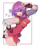  1girl asamiya_athena bangs breasts china_dress chinese_clothes cowboy_shot dress eyebrows_visible_through_hair fingerless_gloves gloves hair_ribbon hairband hand_on_hip highres looking_at_viewer medium_breasts one_eye_closed open_mouth oro_(sumakaita) purple_hair red_dress red_hairband ribbon short_hair short_shorts shorts simple_background smile solo the_king_of_fighters the_king_of_fighters_xv v violet_eyes wink 