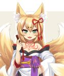  1girl animal_ear_fluff animal_ears bangs bare_shoulders blonde_hair blush breasts chest_tattoo collarbone commentary english_commentary eyeliner fangs folding_fan fox_ears fox_tail green_eyes hair_ornament hair_ribbon hand_fan hand_on_hip highres holding holding_fan japanese_clothes kitsune kuron_hakaisha long_hair looking_at_viewer makeup mon-musu_quest! monster_girl multiple_tails neck_tattoo open_mouth ribbon sash simple_background slit_pupils smile solo tail tamamo_(mon-musu_quest!) tattoo tomoe_(symbol) 