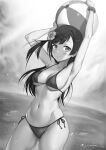  1girl armpits arms_up artist_name ass_visible_through_thighs ball bangs beachball bikini blush breasts closed_mouth collarbone commentary_request cowboy_shot flower greyscale hair_flower hair_ornament highres large_breasts long_hair looking_at_viewer love_live! love_live!_nijigasaki_high_school_idol_club mixed-language_commentary monochrome navel ocean outdoors scrunchie side-tie_bikini signature skindentation smile solo stomach swept_bangs swimsuit unsfrau water wide_hips wrist_scrunchie yuuki_setsuna_(love_live!) 