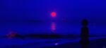  1girl absurdres beach bird dark fantasy highres horizon island original red_sun sand scenery silhouette sky skyrick9413 solo sun water waves 