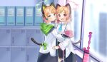  2girls absurdres achmad_faisal animal_ears black_skirt blonde_hair blue_archive blue_neckwear cat_ears cat_tail coat commission fake_animal_ears green_eyes halo headgear highres hug indoors locker looking_at_viewer midori_(blue_archive) momoi_(blue_archive) multiple_girls necktie off_shoulder open_mouth pink_eyes shirt short_hair siblings sidelocks sisters skirt smile tail twintails white_coat white_shirt window 