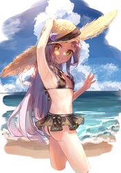  1girl absurdres ass beach bikini bikini_skirt black_bikini blue_sky breasts clouds cloudy_sky cowboy_shot dappled_sunlight day hand_on_headwear hat hat_ornament highres hololive long_hair looking_at_viewer murasaki_shion navel ocean orange_eyes outdoors silver_hair sky small_breasts solo star_(symbol) star_hat_ornament stomach straight_hair straw_hat string_bikini sunlight swimsuit thighs virtual_youtuber waving yu_hydra 