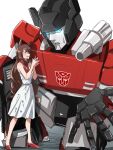  1boy 1girl animal_ears autobot blue_eyes blush brown_hair crossover dress glowing glowing_eyes hands_together high_heels horse_ears horse_girl kakuteru_sudachi long_hair maruzensky_(umamusume) mecha open_hand open_mouth red_footwear science_fiction sideswipe standing transformers umamusume white_background white_dress 