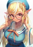  1girl blonde_hair blue_headwear braid dated eyebrows_visible_through_hair hat highres hololive jewelry long_hair looking_at_viewer multicolored_hair necklace pointy_ears red_eyes red_neckwear red_ribbon ribbon round_eyewear sakumichi shiranui_flare smile solo streaked_hair virtual_youtuber 