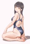  1girl ass back bangs bare_arms bare_legs bare_shoulders barefoot black_hair black_swimsuit blunt_bangs blush breasts commentary competition_swimsuit eyebrows_visible_through_hair fangxiang_cuoluan feet from_behind full_body highres long_hair looking_at_viewer looking_back medium_breasts one-piece_swimsuit original seiza sitting skindentation soles solo swimsuit symbol-only_commentary wet yellow_eyes 