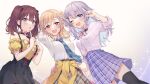  3girls :o akira_ray bangs black_skirt blonde_hair blue_eyes blue_hair blue_neckwear blush bow bowtie braid breasts brown_hair clothes_around_waist collared_shirt colored_inner_hair frilled_shirt frills grey_skirt hair_ornament hairclip highres lee_roha long_hair looking_at_viewer masami_(souzou_jinsei_sanka) medium_breasts medium_hair multicolored_hair multiple_girls necktie nijisanji nijisanji_kr nun_bora off-shoulder_shirt off_shoulder open_mouth pink_neckwear pink_shirt plaid plaid_skirt purple_hair purple_skirt red_eyes school_uniform second-party_source shirt shirt_tucked_in side_ponytail skirt smile sweater sweater_around_waist twintails violet_eyes virtual_youtuber white_shirt yellow_shirt yellow_sweater 