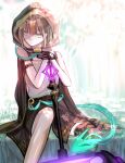  1boy bangs black_gloves brown_hood brown_legwear closed_mouth gloves green_eyes gretel_(sinoalice) hair_between_eyes hammer highres holding holding_hammer holding_weapon looking_to_the_side otoko_no_ko short_hair single_thighhigh sinoalice sitting sleeveless thigh-highs towada-san_(thank39) weapon 