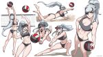  1girl abs artist_name ass ball banned_artist blue_eyes breasts english_commentary eyepatch full_body genkai_zero highres holding holding_ball jumping large_breasts long_hair looking_at_viewer midriff multiple_views navel open_mouth original ponytail sand simple_background teeth tongue valestina_(genkai_zero) volleyball volleyball_net watermark white_background 