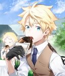  2boys black_gloves blonde_hair blue_eyes brown_vest clouds day doughnut eating fate/grand_order fate_(series) food fujimaru_ritsuka_(male) gloves haisato_(ddclown14) highres male_focus multiple_boys necktie open_mouth outdoors shirt short_hair sky vest voyager_(fate) white_shirt 