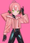 &gt;:) 1girl :3 absurdres ahoge bodysuit bodysuit_under_clothes english_commentary green_eyes hair_ornament highres hood hoodie latex latex_bodysuit low_twintails original pink_background pink_hair saaal653 shiny shiny_clothes short_twintails skin_tight solo twintails v-shaped_eyebrows 