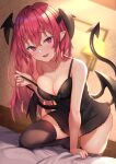 1girl babydoll bangs bare_shoulders bat_wings bedroom black_legwear blush breasts collarbone commentary_request crossed_bangs demon_girl eyebrows_visible_through_hair fang head_wings highres koakuma lingerie long_hair medium_breasts naughty_face open_mouth red_eyes redhead skin_fang smile solo strap_pull tail thigh-highs touhou underwear wings wowoguni