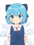  1girl absurdres bangs blue_bow blue_dress blue_eyes blue_hair bow cirno detached_wings dress farrel_kb hair_bow highres ice ice_wings looking_at_viewer neck_ribbon red_neckwear ribbon shirt short_hair short_sleeves simple_background solo touhou upper_body white_background white_shirt wings 