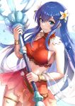  1girl absurdres blue_eyes blue_hair breasts caeda_(fire_emblem) closed_mouth commentary_request fire_emblem fire_emblem:_mystery_of_the_emblem fire_emblem_heroes flower gonzarez hair_between_eyes hair_flower hair_ornament highres holding holding_staff large_breasts long_hair looking_at_viewer midriff navel red_skirt skirt smile solo staff sweat 