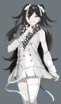  1girl bangs brown_hair buttons checkered checkered_scarf commentary_request cowboy_shot dangan_ronpa_(series) dangan_ronpa_v3:_killing_harmony double-breasted garter_straps genderswap genderswap_(mtf) grey_background grey_eyes greyscale hair_over_one_eye hair_ribbon highres if_(toutoi0621) index_finger_raised long_hair long_sleeves looking_at_viewer monochrome multicolored_hair ouma_kokichi pale_skin pleated_skirt ribbon scarf simple_background single_leg_pantyhose single_thighhigh skirt smile solo thigh-highs white_legwear white_ribbon white_skirt 