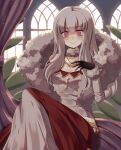  1girl bangs black_gloves closed_mouth dress eine_(eine_dx) eyebrows_visible_through_hair fire_emblem fire_emblem:_three_houses fur-trimmed_jacket fur_collar fur_trim gloves hand_on_own_chest highres jacket long_hair long_sleeves looking_at_viewer lysithea_von_ordelia pink_eyes sitting smile solo white_hair 