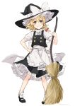  1girl absurdres apron bangs black_dress black_footwear black_headwear blonde_hair blush bow braid broom buttons closed_mouth dress eyebrows_visible_through_hair frills hair_between_eyes hair_bow hand_on_hip hand_up hat hat_bow highres jill_07km kirisame_marisa looking_at_viewer puffy_short_sleeves puffy_sleeves red_bow shirt shoes short_hair short_sleeves simple_background single_braid sketch smile socks solo standing touhou white_apron white_background white_bow white_legwear white_shirt white_sleeves witch_hat yellow_eyes 