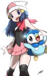  absurdres ayakadegozans black_legwear black_shirt blue_eyes blue_hair hikari_(pokemon) gen_4_pokemon hair_ornament hat highres long_hair miniskirt over-kneehighs pink_skirt piplup pokemon scarf shirt sidelocks signature simple_background skirt sleeveless smile thigh-highs 