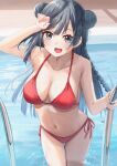  1girl absurdres aftamc bangs bikini black_hair braid breasts double_bun grey_eyes hand_up highres huge_filesize long_hair love_live! love_live!_nijigasaki_high_school_idol_club medium_breasts navel open_mouth pool pool_ladder red_bikini side-tie_bikini swimsuit thigh_gap water wet yuuki_setsuna_(love_live!) 