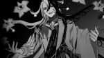  1boy :d ashiya_douman_(fate) bangs bell black_background fangs fate/grand_order fate_(series) greyscale hair_bell hair_between_eyes hair_ornament hands_up highres jingle_bell long_sleeves looking_at_viewer male_focus monochrome multicolored_hair open_mouth simple_background smile sofra solo two-tone_hair 