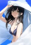  1girl absurdres bikini black_hair blue_bikini breasts day duplicate english_commentary hand_up highres large_breasts long_hair looking_at_viewer navel original parted_lips pixel-perfect_duplicate smile solo star741 swimsuit wet yellow_eyes 
