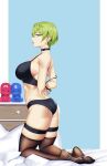  1girl arms_behind_back ass black_bra black_legwear black_panties blueorca bra breasts green_eyes green_hair highres large_breasts mole mole_under_eye original panties short_hair solo thigh-highs thigh_strap underwear underwear_only 