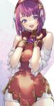  1girl asamiya_athena blush breasts chinese_clothes fingerless_gloves gloves hair_ornament hairband highres jewelry looking_at_viewer murata_tefu purple_hair red_hairband short_hair simple_background smile solo star_(symbol) star_hair_ornament the_king_of_fighters the_king_of_fighters_xv violet_eyes 
