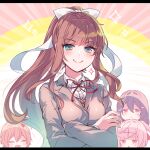  4girls aicedrop black_legwear blazer bow brown_hair closed_eyes doki_doki_literature_club doyagao green_eyes hair_bow hair_ornament jacket long_hair monika_(doki_doki_literature_club) multiple_girls natsuki_(doki_doki_literature_club) over-kneehighs pink_eyes pink_hair ponytail purple_hair sayori_(doki_doki_literature_club) school_uniform short_hair smug thigh-highs twintails violet_eyes white_bow yuri_(doki_doki_literature_club) 