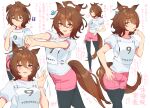  1girl :d agnes_tachyon_(umamusume) ahoge animal_ears black_legwear blush brown_hair commentary_request earrings eyebrows_visible_through_hair gym_uniform hair_between_eyes highres horse_ears horse_girl horse_tail jewelry multiple_views ogino_atsuki open_mouth pantyhose pink_footwear pink_shorts red_eyes shirt shorts single_earring smile stretch tail translation_request umamusume waving white_background white_shirt 