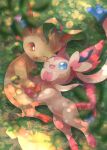  ;d blue_eyes blurry brown_eyes commentary_request from_above gen_4_pokemon gen_6_pokemon grass highres kikuyoshi_(tracco) leaf leafeon no_humans one_eye_closed open_mouth paws pokemon pokemon_(creature) smile sylveon toes tongue 