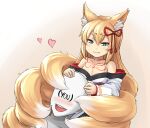 1girl 1other animal_ear_fluff animal_ears bangs bare_shoulders blonde_hair blush breasts chest_tattoo commentary english_commentary eyebrows_visible_through_hair faceless fang fox_ears fox_tail green_eyes hair_ornament hair_ribbon heart highres japanese_clothes kitsune kuron_hakaisha long_hair mon-musu_quest! monster_girl multiple_tails ribbon simple_background smile tail tamamo_(mon-musu_quest!) tattoo tomoe_(symbol) 