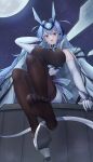  1girl absurdres arm_behind_head azur_lane bare_shoulders blue_eyes blue_hair bodystocking breasts coat coat_on_shoulders eagle_union_(emblem) elbow_gloves from_below full_moon gloves headgear high_heels highres huge_breasts long_hair looking_at_viewer looking_down moon new_jersey_(azur_lane) night night_sky no_shoes open_clothes open_coat open_mouth outdoors ropi_(yyuichi29) shoes skirt sky soles solo very_long_hair white_coat white_footwear white_gloves white_skirt 