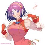  1girl asamiya_athena blush breasts chinese_clothes fingerless_gloves gloves hair_ornament hairband highres jewelry konnichiwa029 long_hair looking_at_viewer purple_hair red_hairband simple_background smile solo star_(symbol) star_hair_ornament the_king_of_fighters the_king_of_fighters_xv violet_eyes 