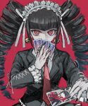  1girl bangs black_hair black_nails bonnet card celestia_ludenberg character_print covering_mouth dangan_ronpa:_trigger_happy_havoc dangan_ronpa_(series) drill_hair earrings frills gothic_lolita haji_(shame_3800) highres holding jacket jewelry joker_(card) lolita_fashion long_hair long_sleeves looking_at_viewer nail_polish necktie playing_card red_background red_eyes red_neckwear shirt simple_background smile solo twin_drills twintails upper_body white_shirt 