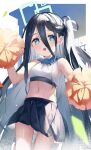  1girl :o absurdres arisu_(blue_archive) bangs bare_shoulders black_hair black_ribbon black_skirt blue_archive blue_eyes blush cheerleader cowboy_shot crop_top derby_(dabidabi) hair_between_eyes hair_ribbon highres holding holding_pom_poms long_hair looking_at_viewer midriff miniskirt navel one_side_up pleated_skirt pom_pom_(cheerleading) ribbon skirt solo stomach very_long_hair 