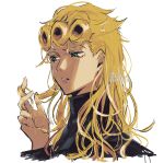  1boy black_jacket blonde_hair giorno_giovanna hand_up high_collar highres jacket jojo_no_kimyou_na_bouken long_hair looking_away male_focus parted_lips signature simple_background sofra solo twitter_username vento_aureo white_background 