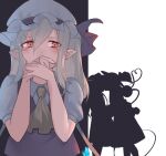  3girls ascot blonde_hair covering_mouth crying fairy_maid_(touhou) flandre_scarlet hand_over_own_mouth hat kiss komeiji_koishi long_hair maid_headdress mob_cap multiple_girls pointy_ears red_eyes silhouette soku_(bluerule-graypray) third_eye touhou wings yuri 