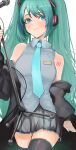  1girl absurdres aqua_eyes aqua_nails aqua_neckwear bare_shoulders black_jacket black_legwear blush closed_mouth eyebrows_visible_through_hair fingernails green_hair grey_skirt hatsune_miku headphones highres holding holding_microphone jacket kajuu long_hair microphone necktie neckwear number open_clothes open_jacket simple_background skindentation skirt smile solo thigh-highs twintails very_long_hair vocaloid white_background 