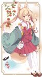  1girl :d animal animal_ear_fluff animal_ears bangs bell blush bow braid brown_eyes brown_footwear brown_hair commentary eyebrows_visible_through_hair fish flower fox_ears fox_girl fox_mask fox_tail full_body goldfish hakama highres japanese_clothes jingle_bell kimono long_hair long_sleeves looking_at_viewer mask open_clothes open_mouth original red_bow red_flower red_hakama short_eyebrows sleeves_past_fingers sleeves_past_wrists smile solo symbol-only_commentary tail thick_eyebrows thigh-highs tsukiyo_(skymint) twintails white_background white_kimono white_legwear wide_sleeves zouri 