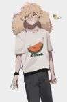  1boy black_pants blonde_hair chin_strap collarbone commentary_request cowboy_shot food freckles fruit grey_background grin guu_(guu8) hat highres lemon looking_at_viewer male_focus original pants romaji_text shirt short_hair short_sleeves simple_background smile solo straw_hat sun_hat t-shirt very_short_hair watch watch watermelon_slice white_shirt yellow_eyes 