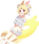  1girl aldin_nicola animal_ear_fluff animal_ears arms_behind_back bangs bare_shoulders bikini blonde_hair blush bow collarbone double_bun dutch_angle eyebrows_visible_through_hair feet_out_of_frame forehead_jewel hair_bow highres indie_virtual_youtuber innertube looking_at_viewer mamyouda navel off-shoulder_bikini off_shoulder open_mouth puffy_short_sleeves puffy_sleeves short_eyebrows short_hair short_sleeves simple_background solo standing swimsuit thick_eyebrows v-shaped_eyebrows violet_eyes virtual_youtuber white_background white_bikini white_bow 