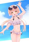  1girl beach blue_archive blush collarbone eyewear_on_head hifumi_(blue_archive) highres light_brown_hair long_hair looking_at_viewer low_twintails navel open_mouth sky solo sunglasses swimsuit twintails waving yellow_eyes 
