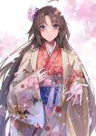  1girl absurdres ahoge bangs blue_eyes brown_hair commentary_request eyebrows_visible_through_hair eyes_visible_through_hair fate/grand_order fate_(series) hair_ornament highres hitomin_(ksws7544) huge_filesize japanese_clothes kara_no_kyoukai kimono long_hair long_sleeves looking_at_viewer obi petals reaching_out ryougi_shiki sash sidelocks simple_background solo wide_sleeves 