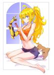  1girl ahoge blonde_hair breasts ember_celica_(rwby) glasses highres iesupa large_breasts long_hair midriff pillow ponytail prosthesis prosthetic_arm rwby screwdriver short_shorts shorts solo tank_top violet_eyes wavy_hair yang_xiao_long 