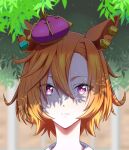  1girl animal_ears birii commentary_request crown ear_piercing hair_between_eyes horse_ears horse_girl leaf looking_at_viewer mini_crown orange_hair piercing portrait shade short_hair solo t_m_opera_o_(umamusume) tilted_headwear umamusume violet_eyes 