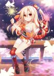  1girl :3 alternate_costume asymmetrical_legwear bandaged_arm bandaged_leg bandages bangs binato_lulu blonde_hair blurry cherry_blossoms choker choujigen_game_neptune commentary cosplay depth_of_field dual_wielding english_commentary eyebrows_visible_through_hair fireworks genshin_impact geta hair_between_eyes hair_ornament highres holding if_(neptune_series) japanese_clothes long_hair long_sleeves looking_at_viewer mismatched_legwear neptune_(series) night night_sky obi one_side_up petals pouch red_eyes rope sarashi sash shimenawa sidelocks signature sitting_on_fence sky smile solo sparkler ueda_kana v-shaped_eyebrows voice_actor_connection wide_sleeves yoimiya_(genshin_impact) yoimiya_(genshin_impact)_(cosplay) 