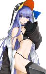  1girl :q bangs bare_shoulders bikini black_bikini blue_eyes blue_hair chaesu commentary english_commentary eyebrows_visible_through_hair fate/grand_order fate_(series) hand_up highres hood long_hair looking_at_viewer meltryllis_(fate) navel off_shoulder simple_background smile solo stomach swimsuit thigh-highs thighs tongue tongue_out very_long_hair white_background 